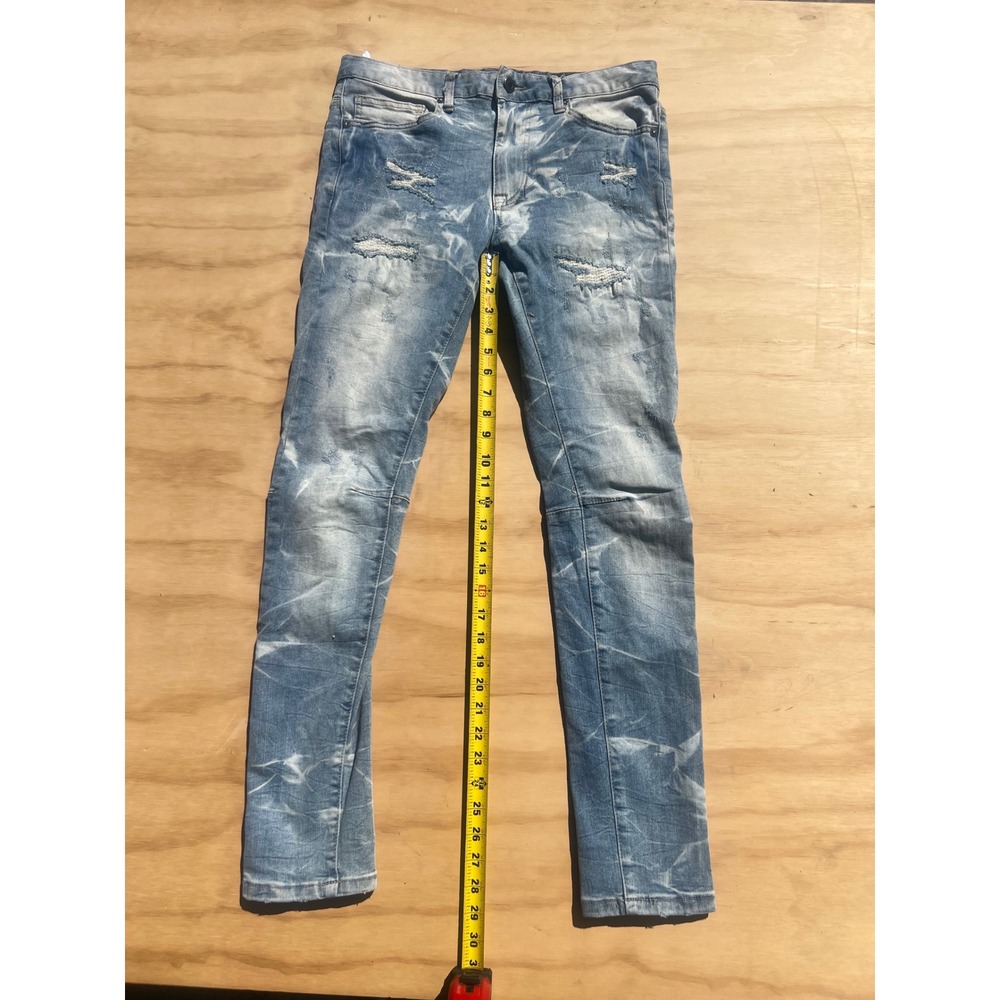 Smoke Rise Mens Distressed Moto Jeans Light Wash Blue Marble Fade Slim Fit 32x31